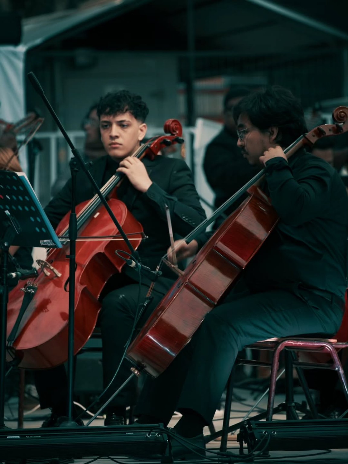 Jóvenes violonchelistas interpretando su repertorio